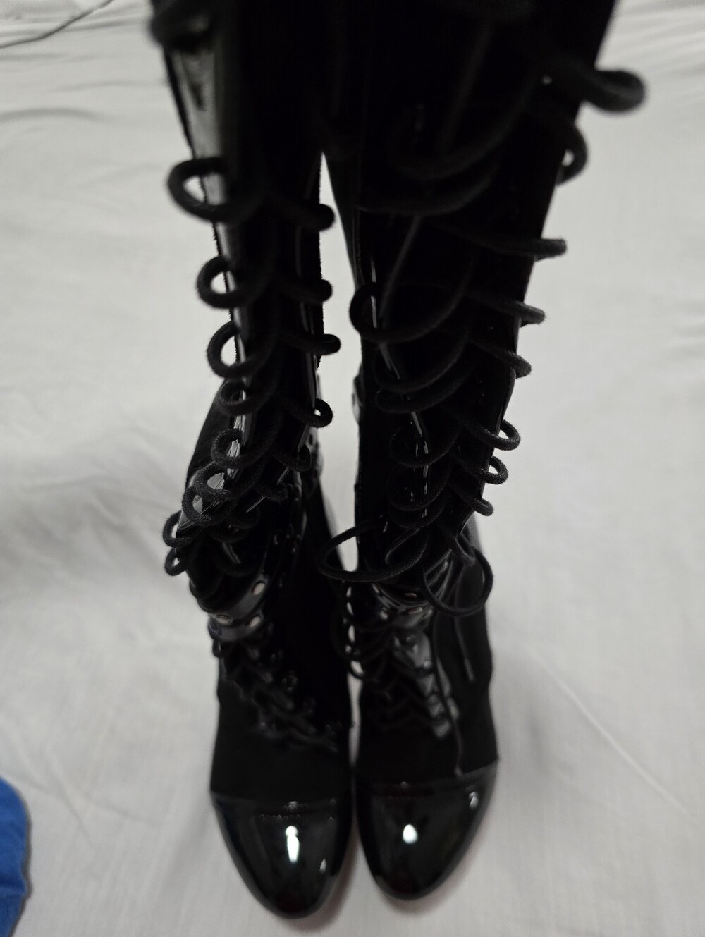 Women's Black Lace-Up Knee-High Boots with Patent Toe
